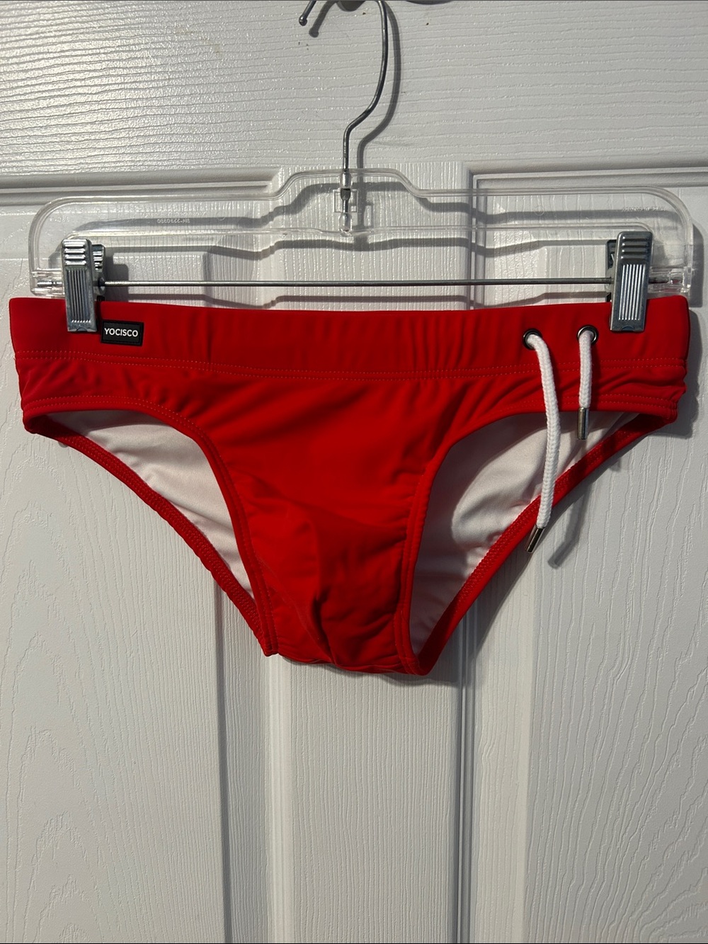 Men's Red Swim Briefs with Offset Drawstring